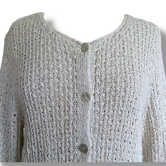J Jill Women Cardigan Sz Large Oatmeal Cotton Linen Open Knit Coastal Minimalist - Picture 4 of 9